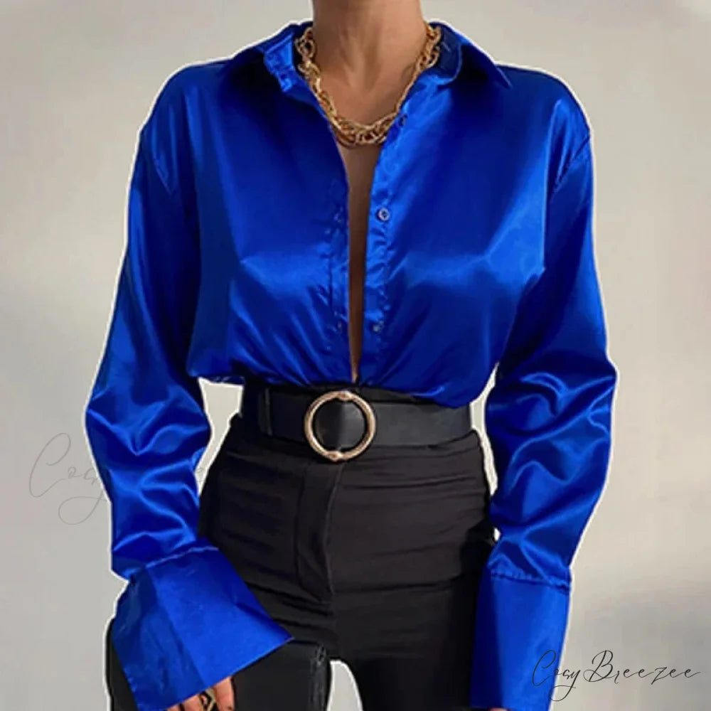 Satin Long Sleeve Classic Blue Blouse Blue / S blouse-250223