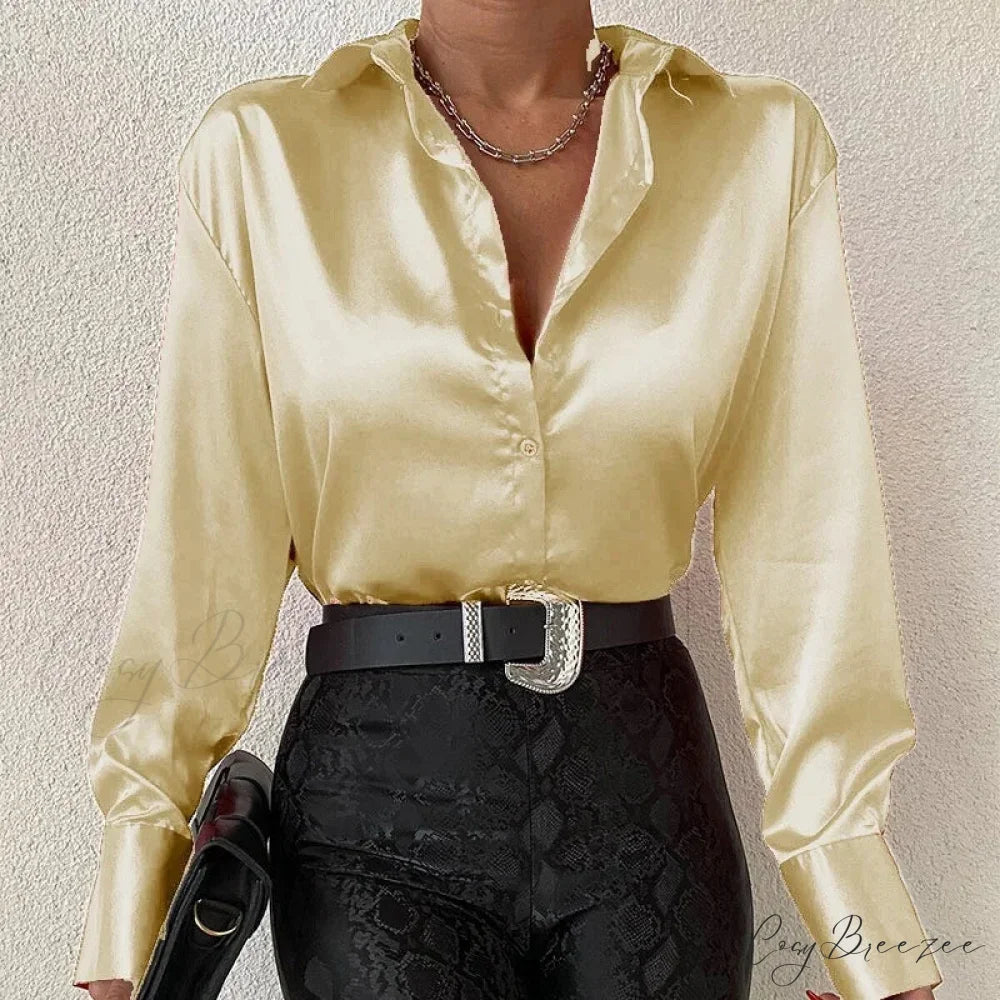 Satin Long Sleeve Classic Blue Blouse Yellow / S blouse-250223