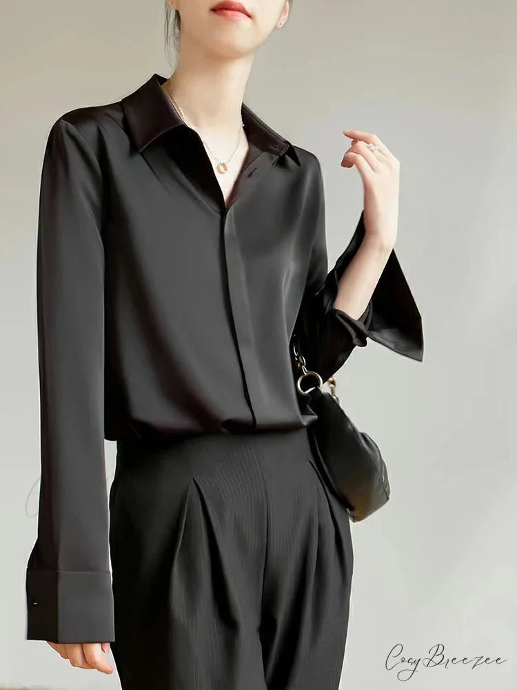 Satin Long Sleeve French Style Office Lady Blouse blouse-250126
