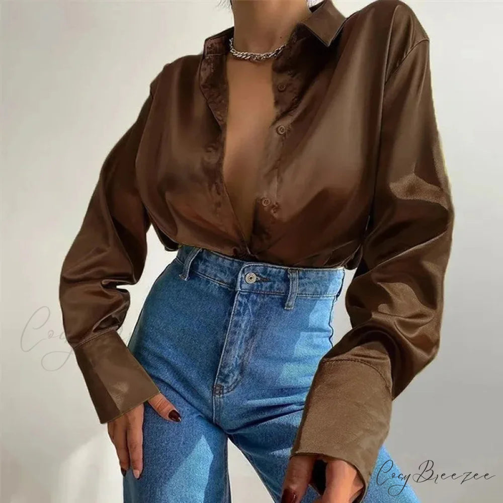 Satin Long Sleeve Vintage Blue Green Silk Button Crop Top Dark Brown / S blouse-250126