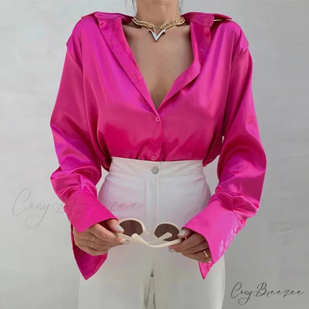 Satin Long Sleeve Vintage Blue Green Silk Button Crop Top Rose Red / S blouse-250126