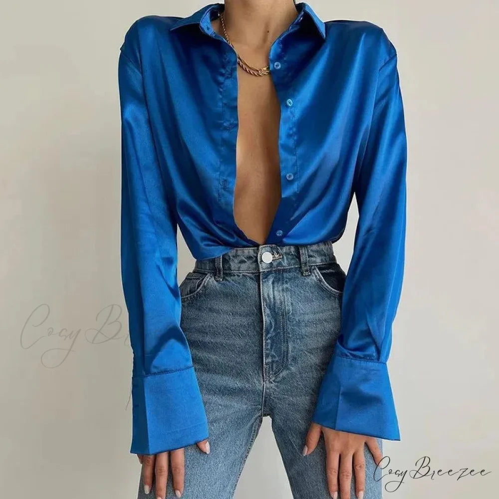 Satin Long Sleeve Vintage Blue Green Silk Button Crop Top Blue / S blouse-250126