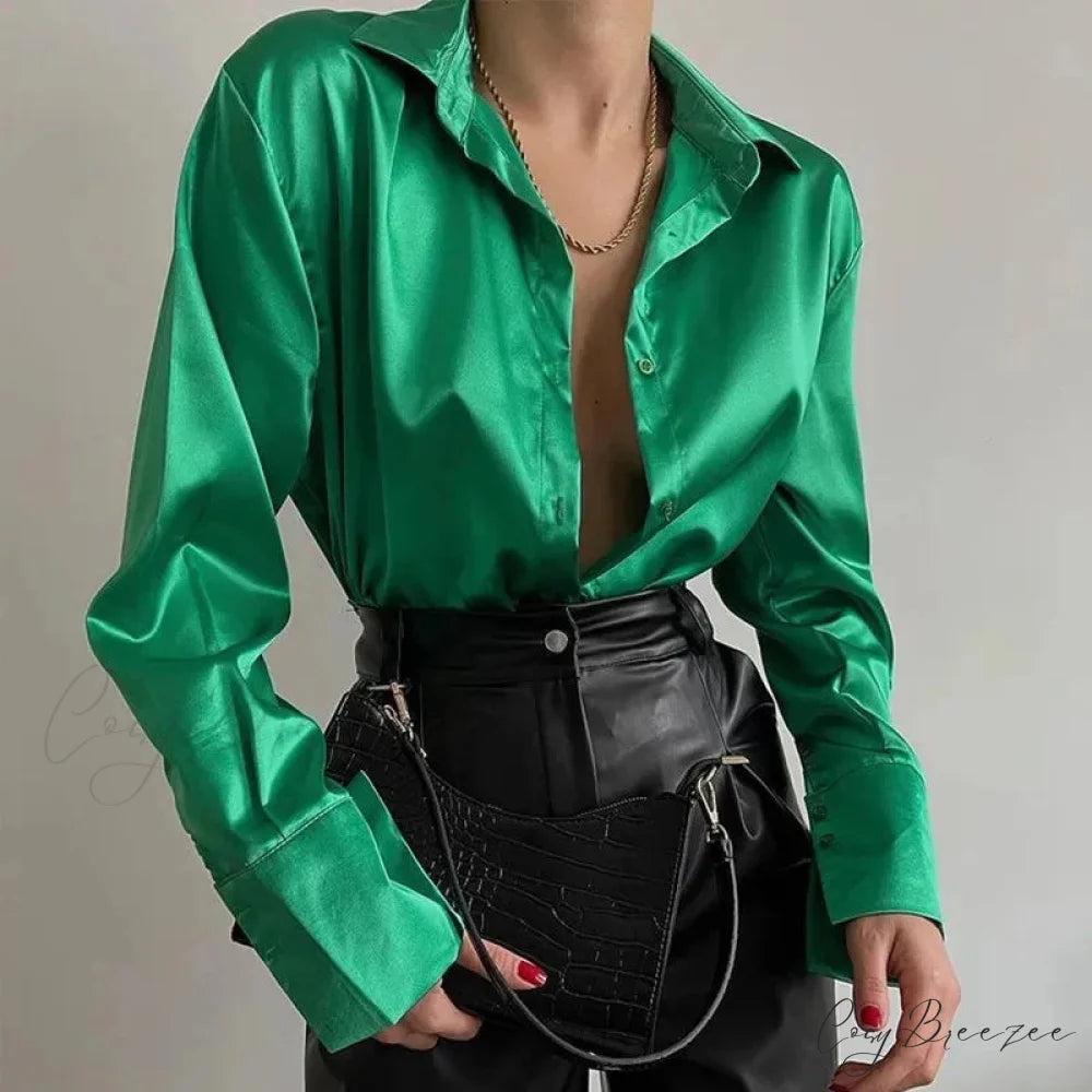 Satin Long Sleeve Vintage Blue Green Silk Button Crop Top Green / S blouse-250126