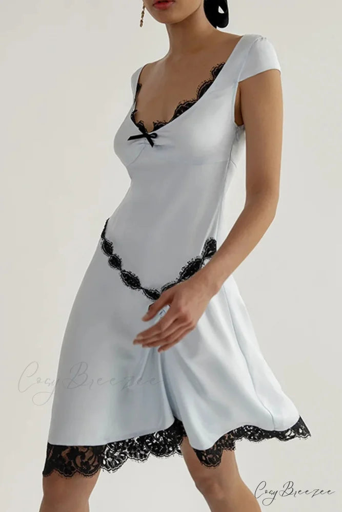 Satin Mini Dress with Lace Patchwork Light Blue / M