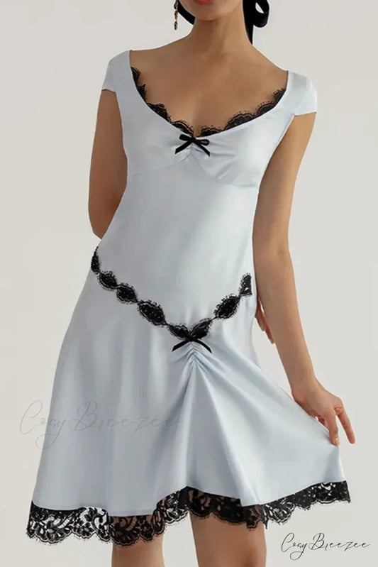 Satin Mini Dress with Lace Patchwork Light Blue / S