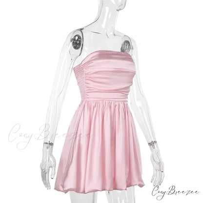 Satin Puff Ruched Charming Tube Mini Dress