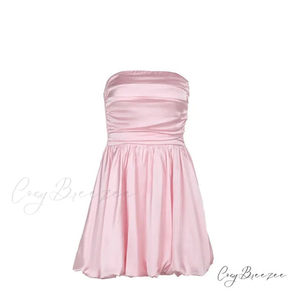 Satin Puff Ruched Charming Tube Mini Dress Pink / L