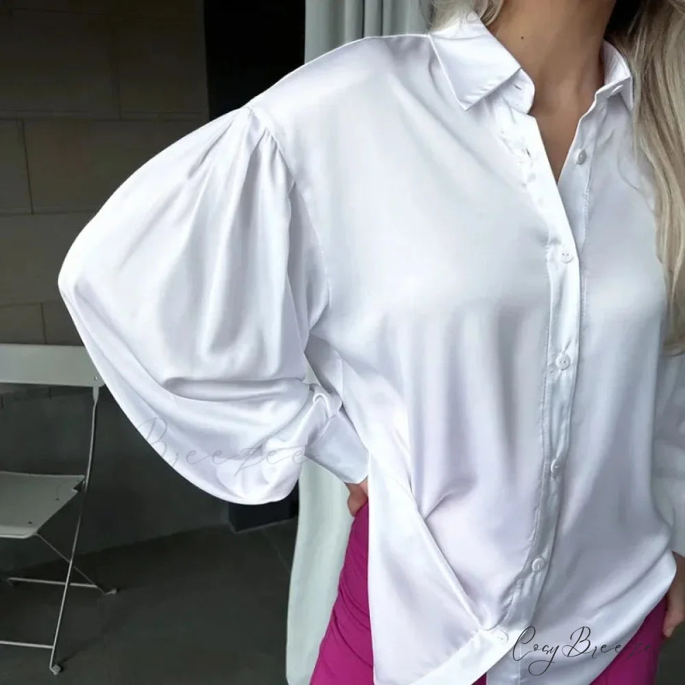 Satin Relaxed Bishop Sleeve Chic Blouse blouse-250126