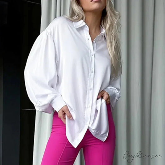 Satin Relaxed Bishop Sleeve Chic Blouse WHITE / S blouse-250126