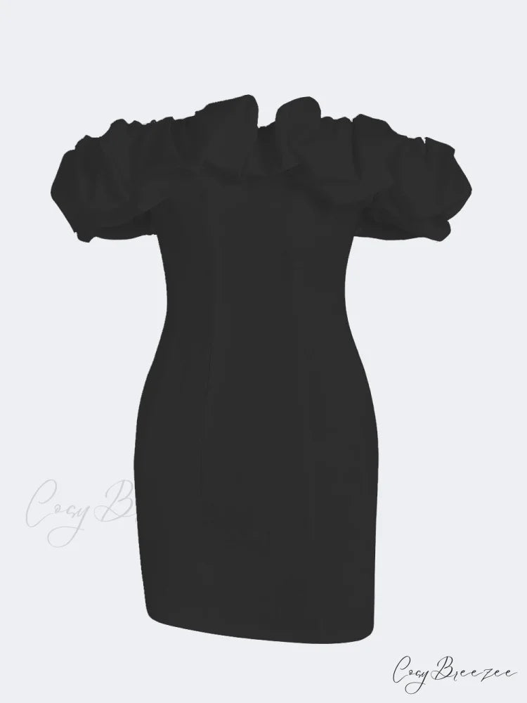 Satin Ruffled Stylish Strapless Mini Dress Black / S