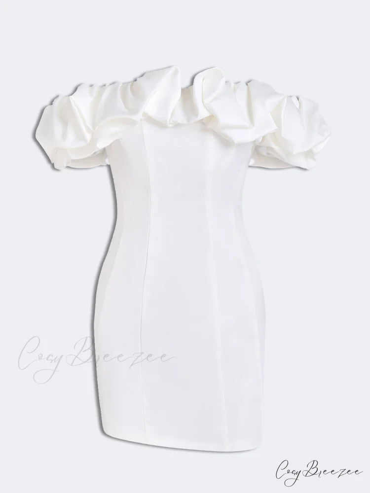 Satin Ruffled Stylish Strapless Mini Dress White / S