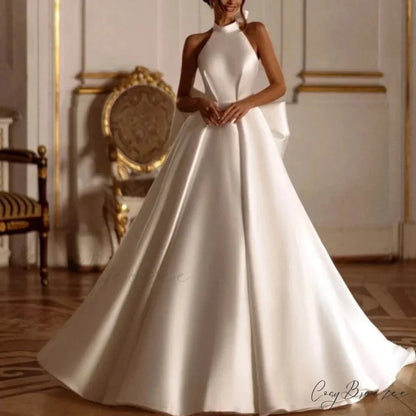 Satin Slit Halter Neck Bridal Gown lvory white / 2 weddingdress-250223