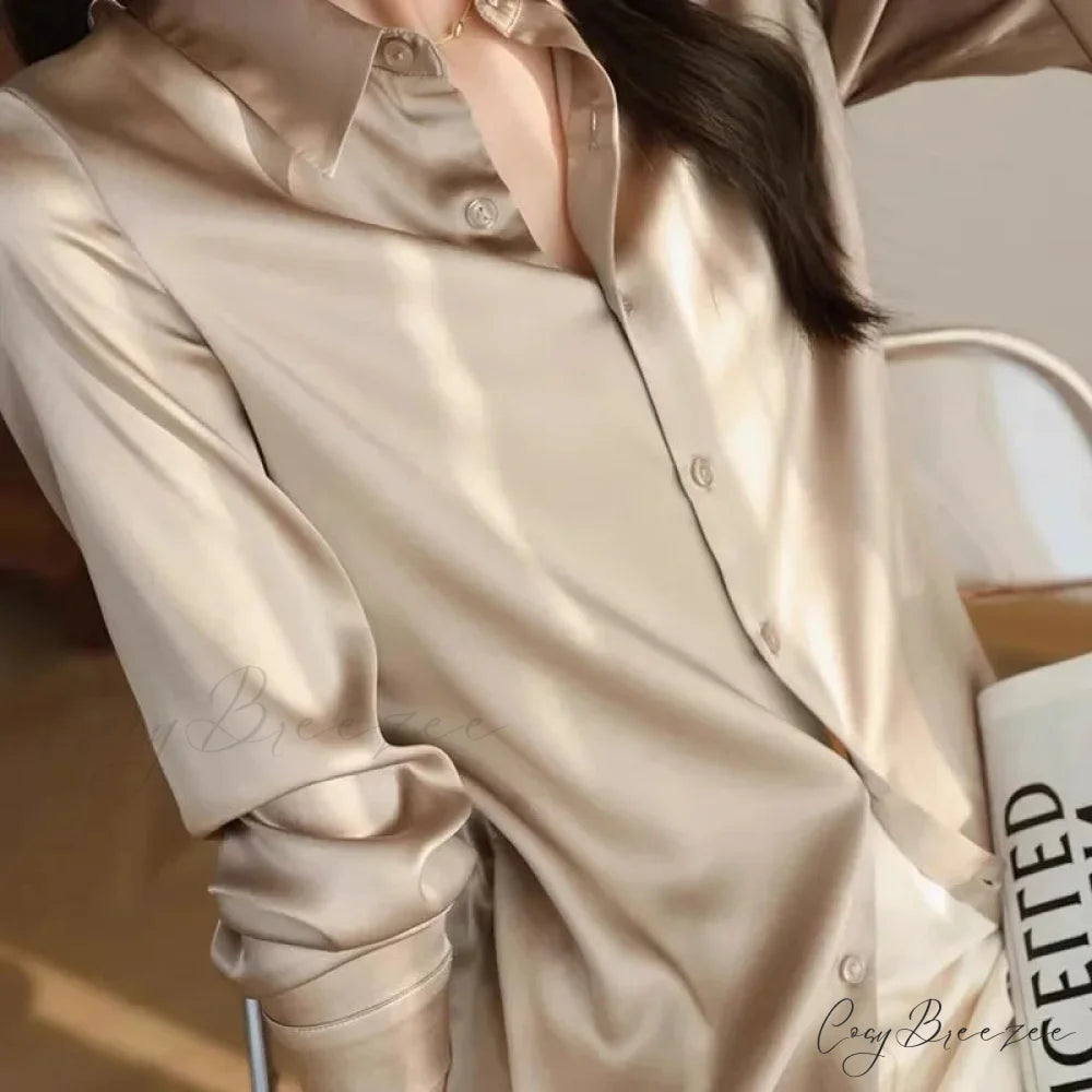 Satin Solid Long Sleeve Polo Neck Blouse Champagne / S blouse-250223
