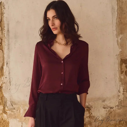 Satin Solid Long Sleeve Polo Neck Blouse Chelsea Red / S blouse-250223