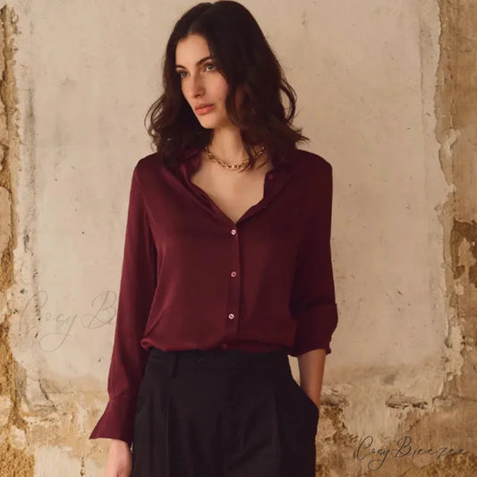 Satin Solid Long Sleeve Polo Neck Blouse Chelsea Red / S blouse-250223