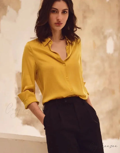 Satin Solid Long Sleeve Polo Neck Blouse Yellow / S blouse-250223