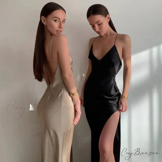 Satin Spaghetti Strap Summer Split V-neck Elegant Sleeveless Backless Club Party Outfits Sexy