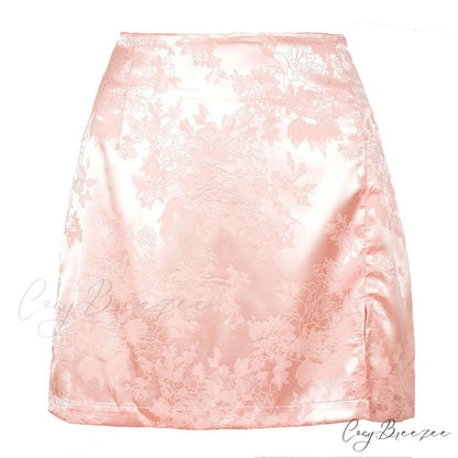 Satin Split Stylish Mini Skirt Pink / M