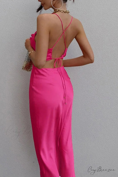 Satin Tie-back Criss-cross Cami Dress with Rose Pattern Rose / L