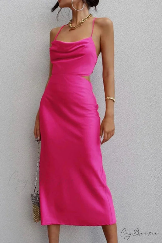 Satin Tie-back Criss-cross Cami Dress with Rose Pattern Rose / S