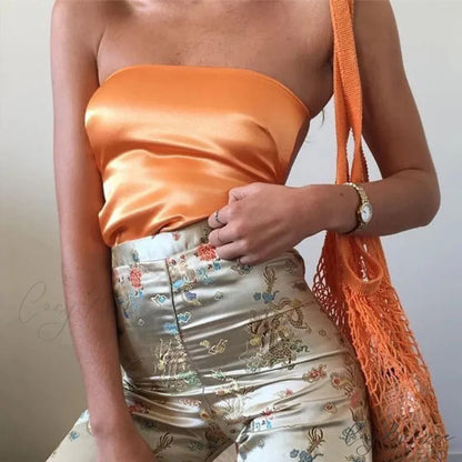 Satin Tie-Up Tube Crop Top Orange / S croptop-250223