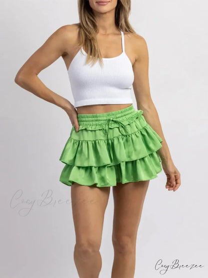 Satin Tiered Widened Pleated Skirt Green / S skirts-250223
