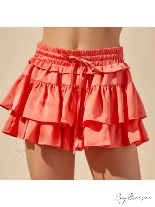 Satin Tiered Widened Pleated Skirt Orange / S skirts-250223
