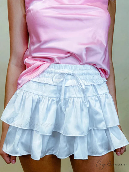 Satin Tiered Widened Pleated Skirt WHITE / S skirts-250223
