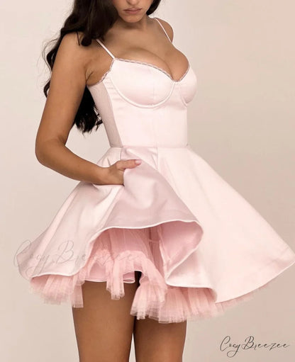 Satin Tulle Frill Charming Strap Mini Dress