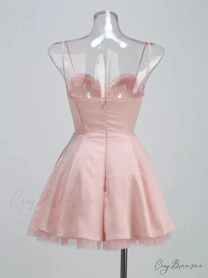 Satin Tulle Frill Charming Strap Mini Dress