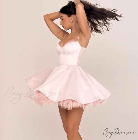 Satin Tulle Frill Charming Strap Mini Dress