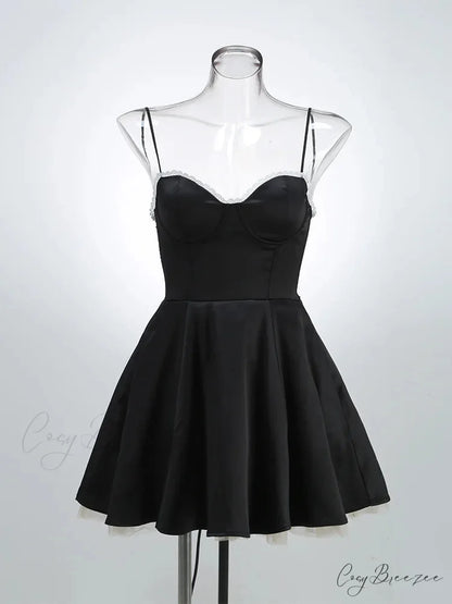 Satin Tulle Frill Charming Strap Mini Dress short black / XS