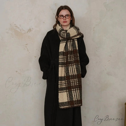 Scottish Woolen Plaid Scarf for Women - Autumn/Winter Shawl Green coffee beige / L190 W50cm