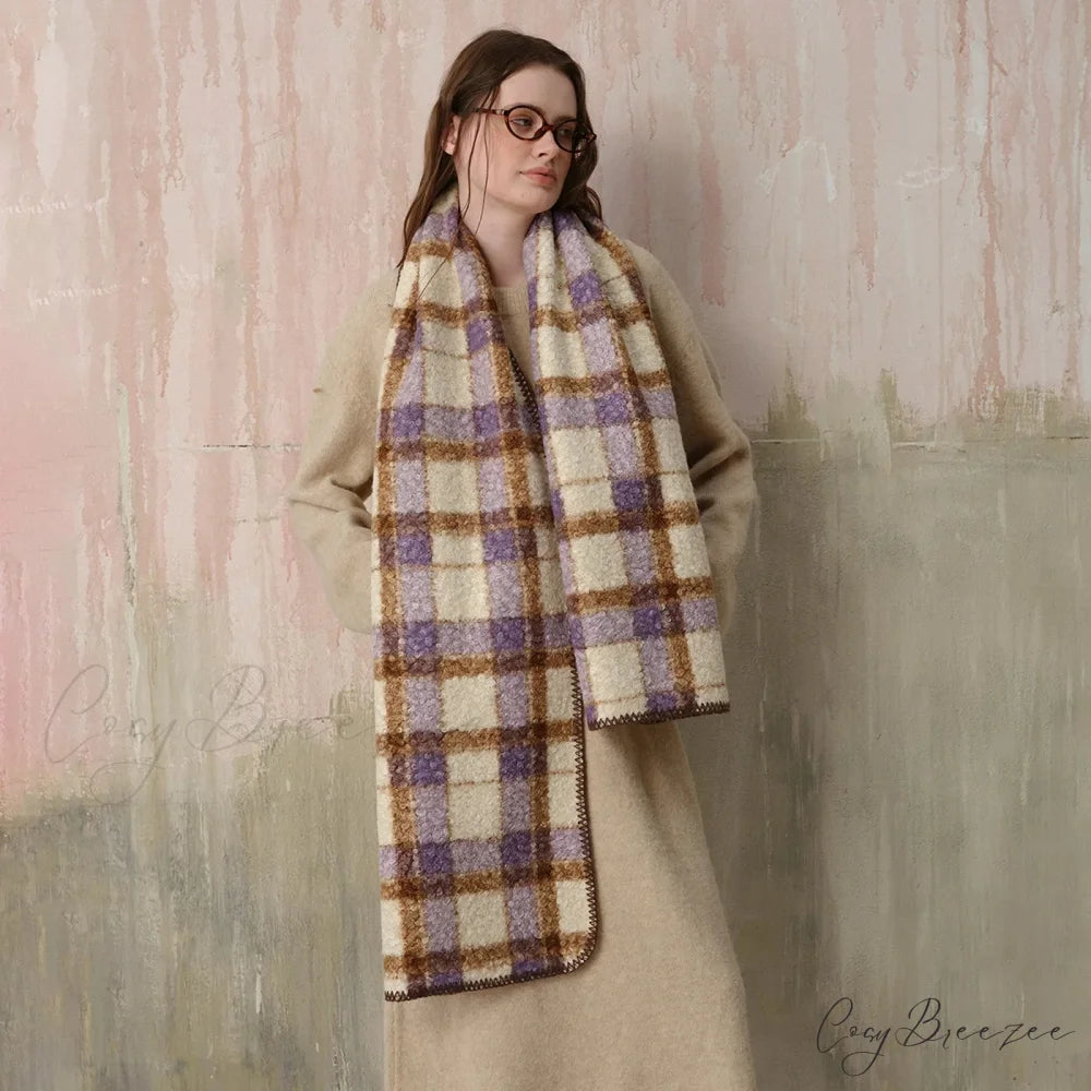 Scottish Woolen Plaid Scarf for Women - Autumn/Winter Shawl Purple golden Beige / L190 W50cm