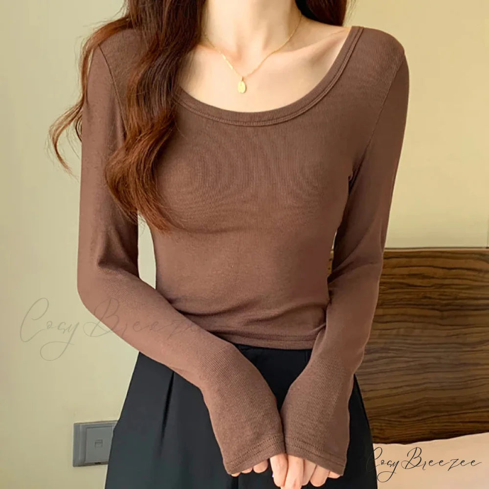 Screw Thread Cotton T-shirt Slim Sweater coffee / One Size swraters-241228