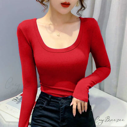 Screw Thread Cotton T-shirt Slim Sweater Red / One Size swraters-241228