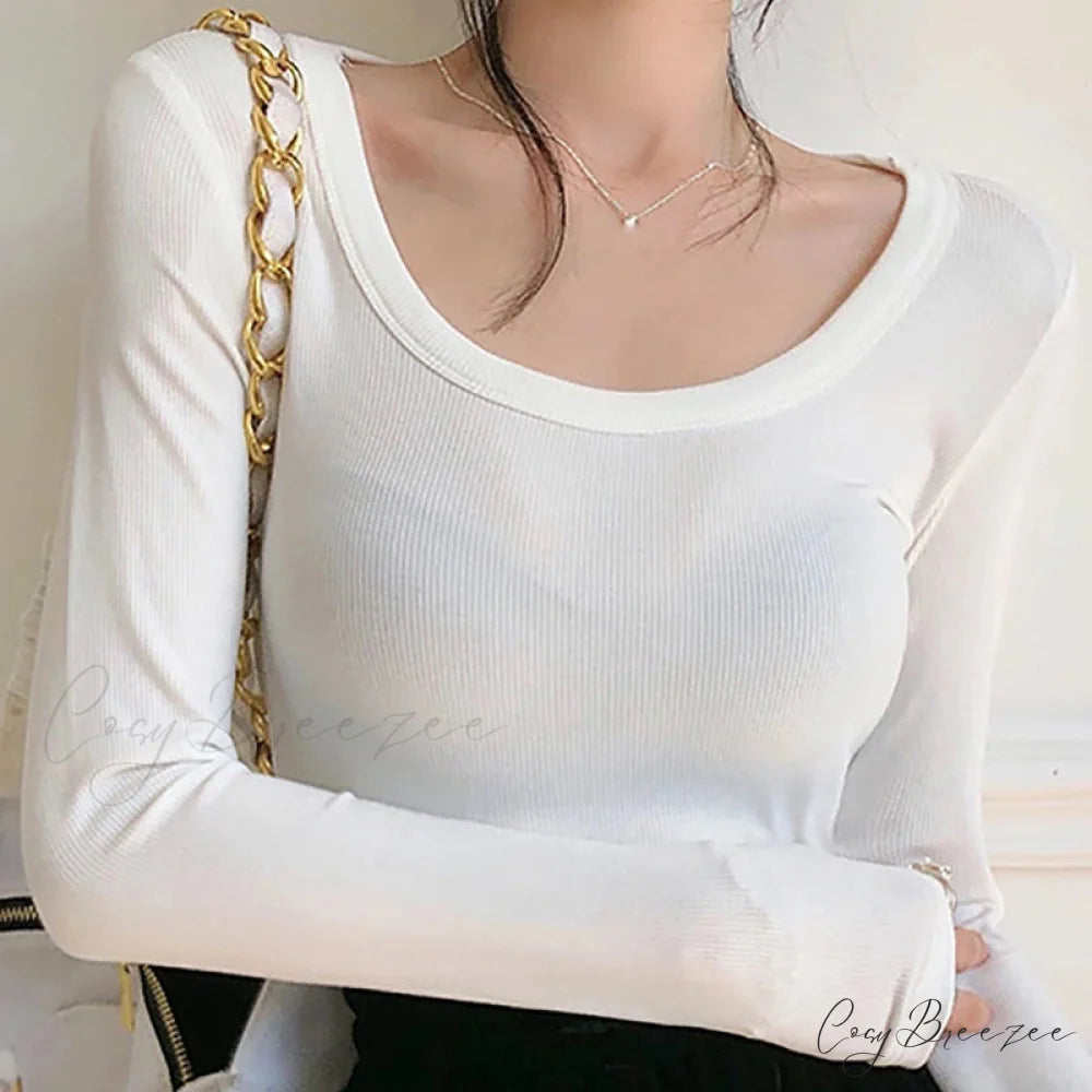 Screw Thread Cotton T-shirt Slim Sweater White / One Size swraters-241228