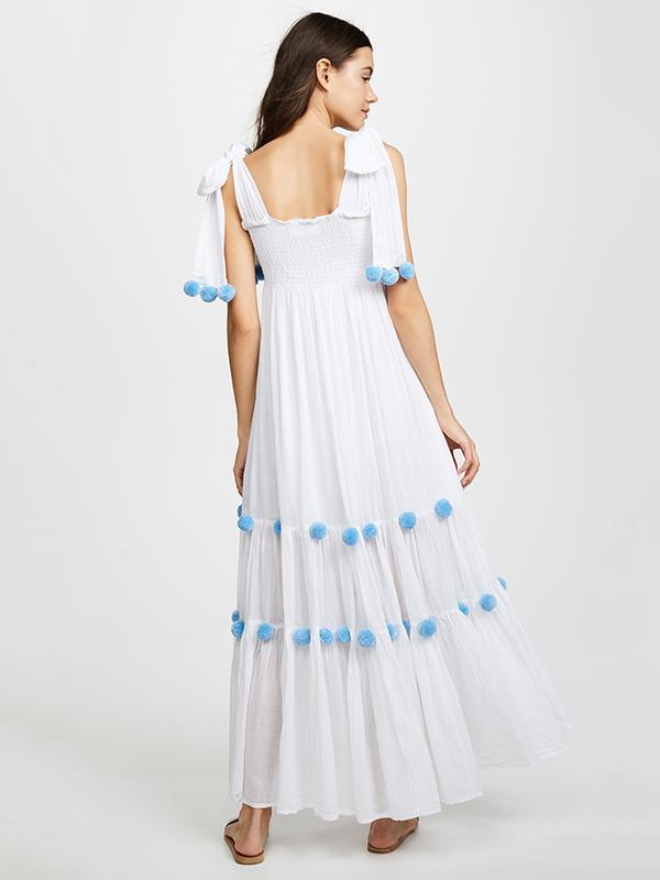 Bohemia Blue Maxi Dress with Knotted Bowknot and Pompoms