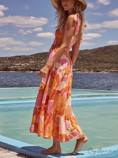 Sea Charm Sleeveless Pleated Graceful Stretch Chest Print Cami Dress