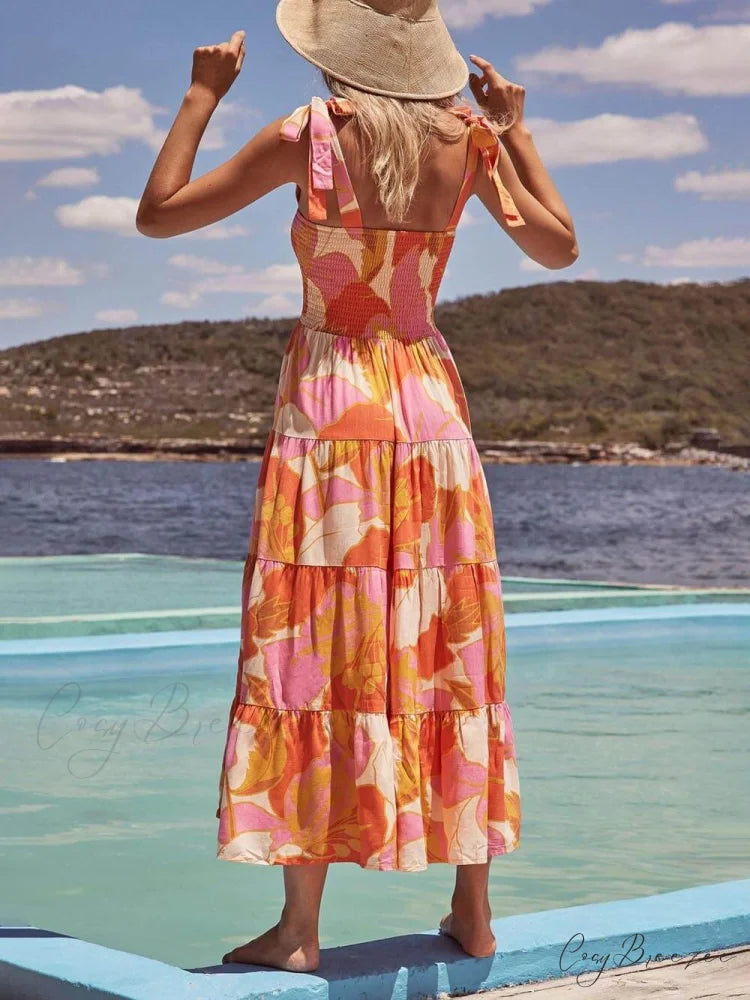 Sea Charm Sleeveless Pleated Graceful Stretch Chest Print Cami Dress