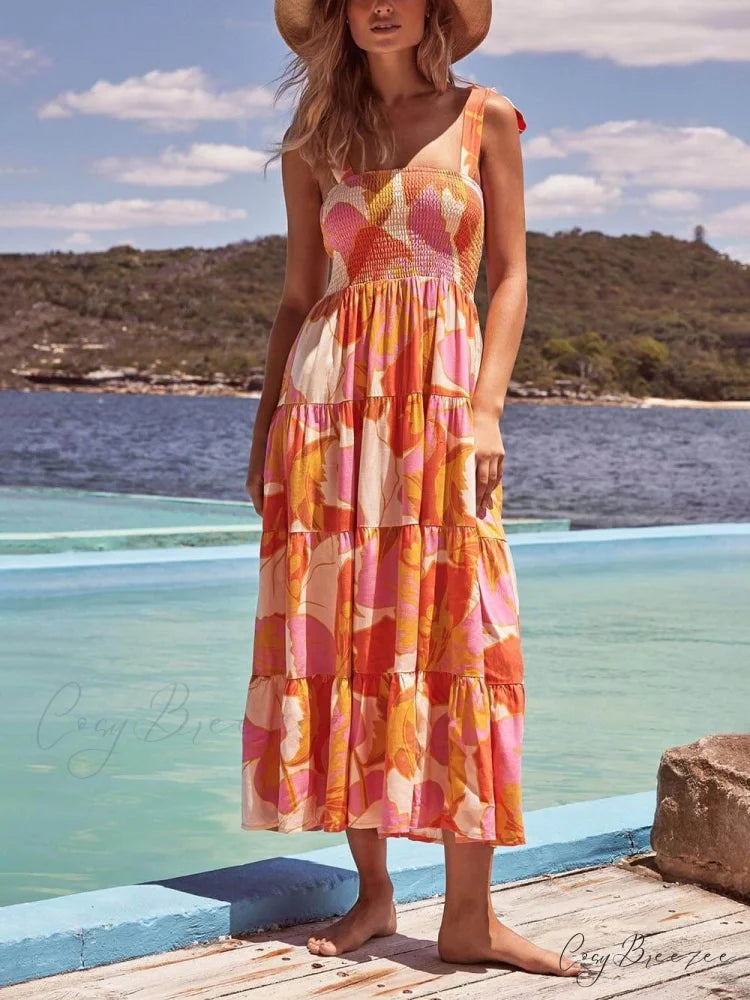 Sea Charm Sleeveless Pleated Graceful Stretch Chest Print Cami Dress Yellow / S