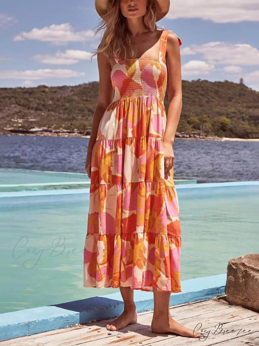 Sea Charm Sleeveless Pleated Graceful Stretch Chest Print Cami Dress Yellow / S