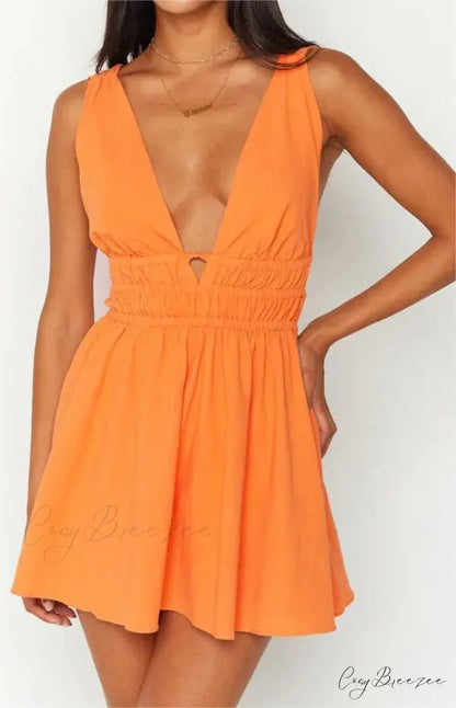 Seductive Backless V-neck Floral Print Mini Dress ORANGE1 / S floraldress-250126