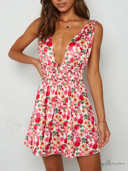 Seductive Backless V-neck Floral Print Mini Dress Red / S floraldress-250126