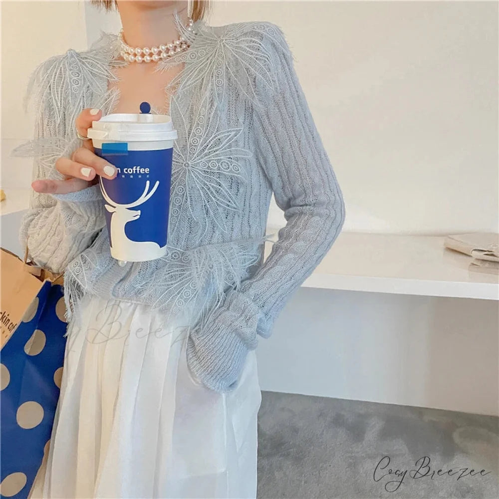 Seductive Embroidered Floral Knit Party Blouse Blue / One Size blouse-250126