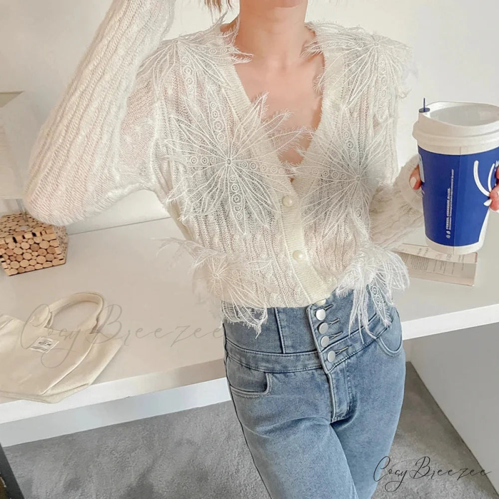 Seductive Embroidered Floral Knit Party Blouse creamy-white / One Size blouse-250126
