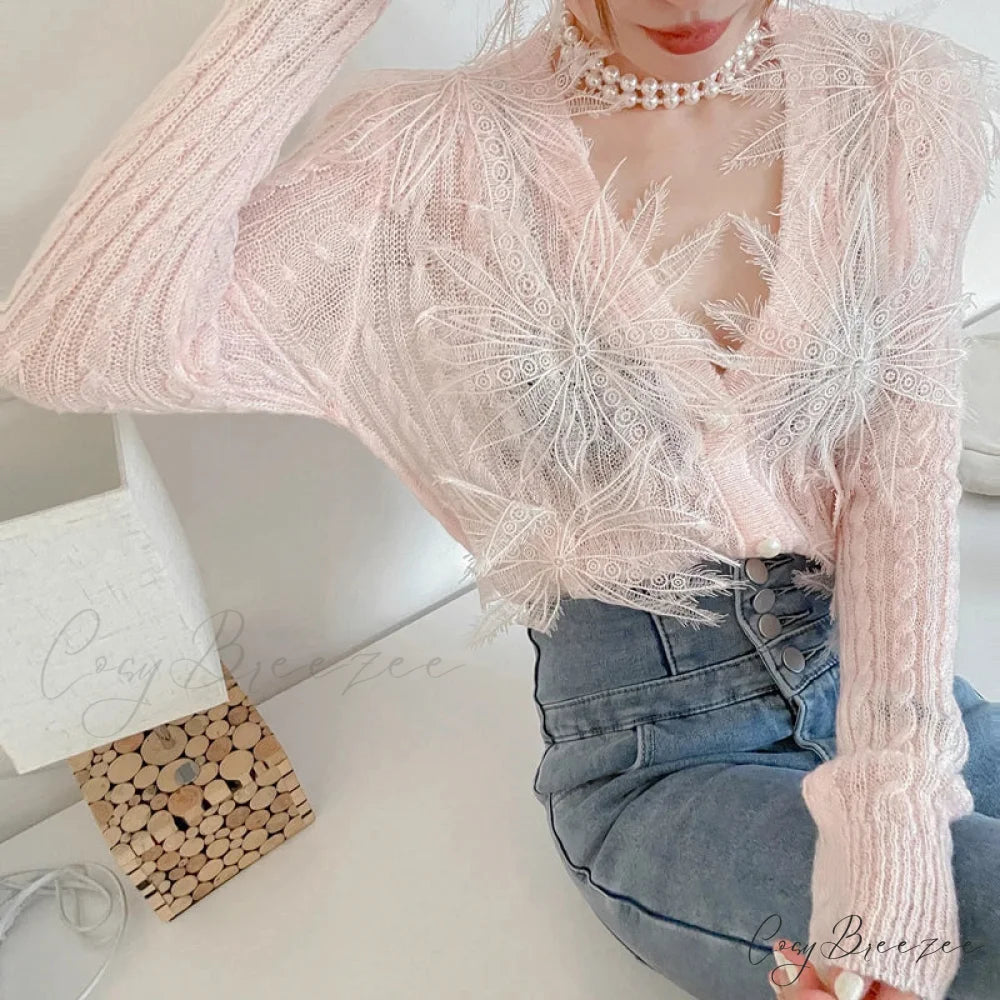 Seductive Embroidered Floral Knit Party Blouse Pink / One Size blouse-250126