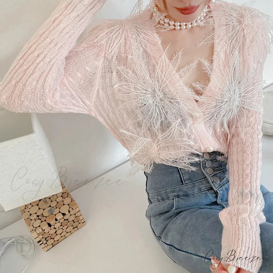 Seductive Embroidered Floral Knit Party Blouse Pink / One Size blouse-250126