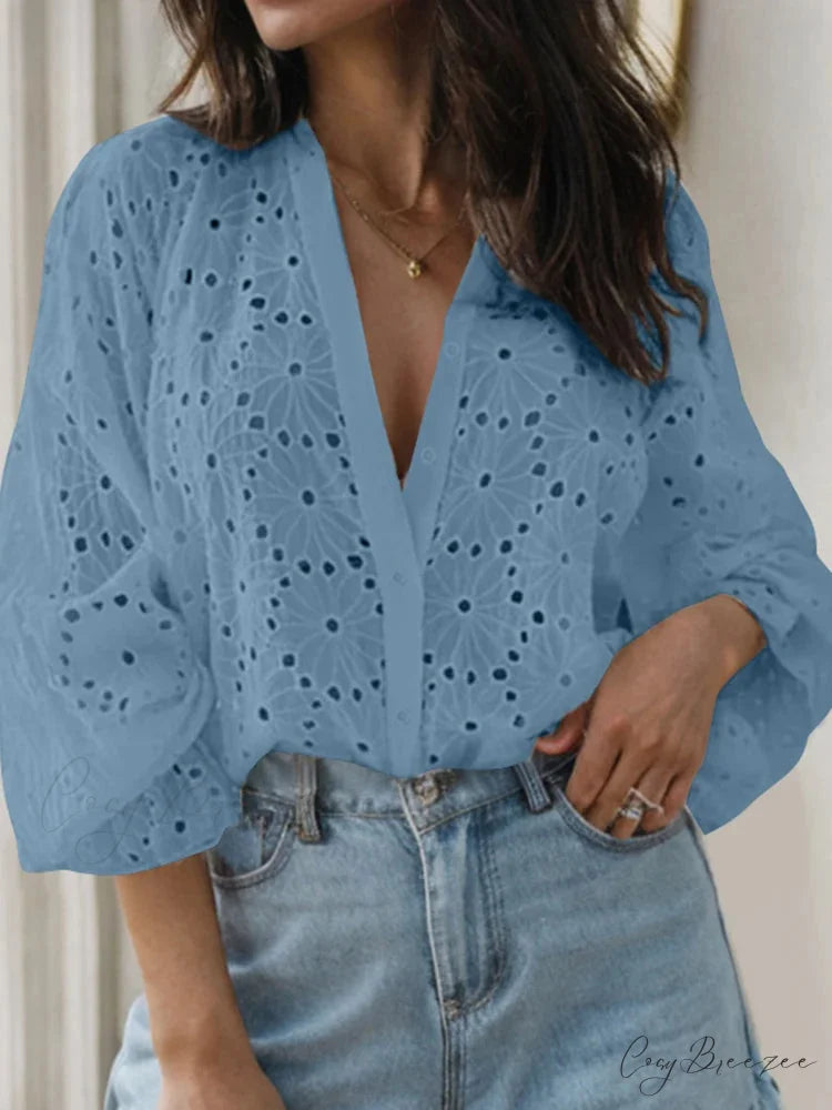 Seductive Flared Long Sleeve V-neck Tunic Blouse Blue / S blouse-250126