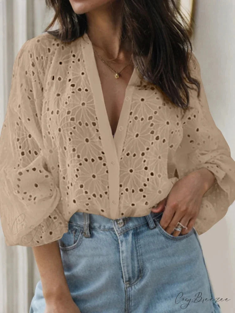 Seductive Flared Long Sleeve V-neck Tunic Blouse Khaki / S blouse-250126